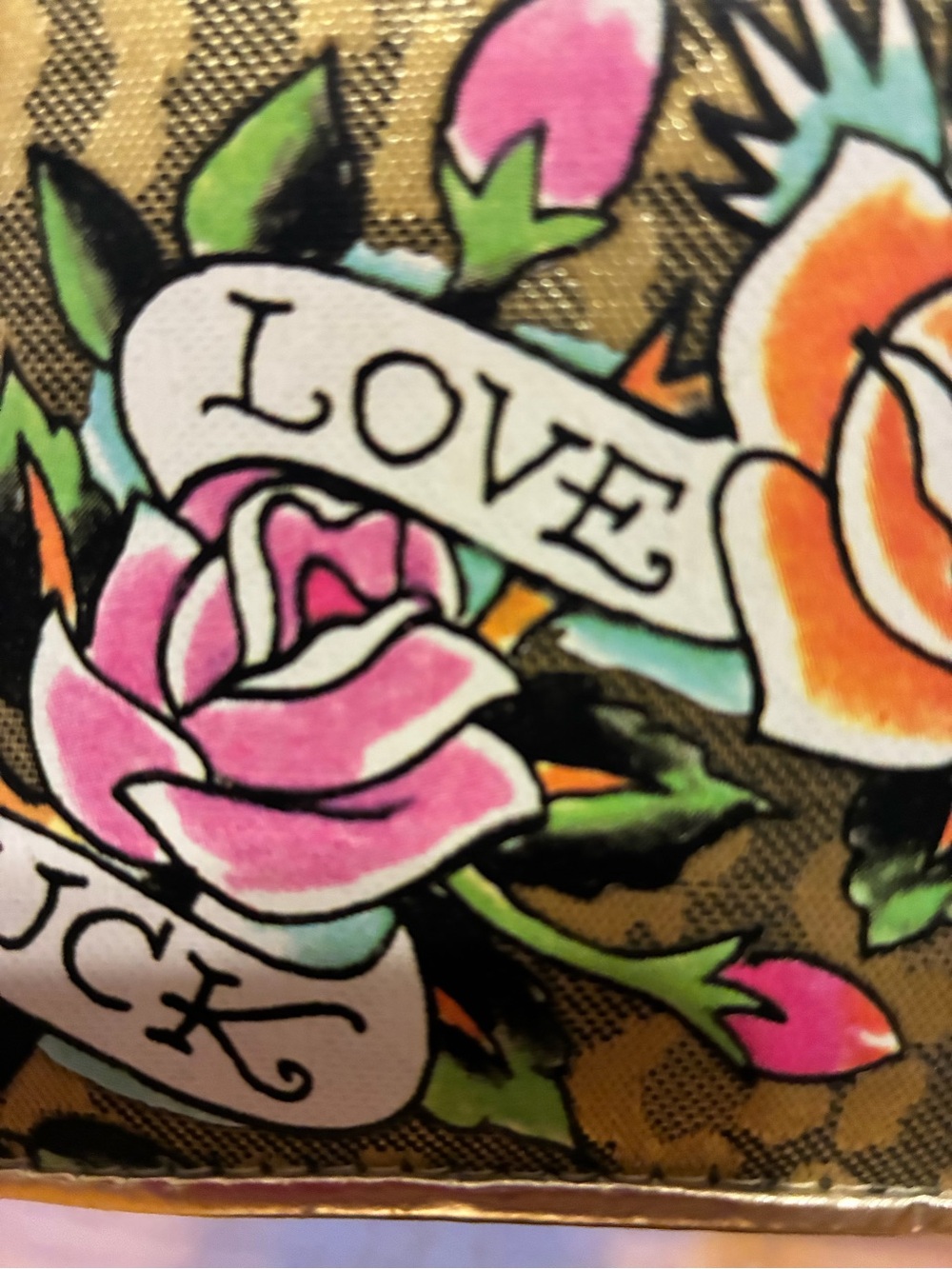 Ed Hardy Floral Tattoo Print Women's Clutch Wallet - Pink, Orange, Green - Picture 3 of 12